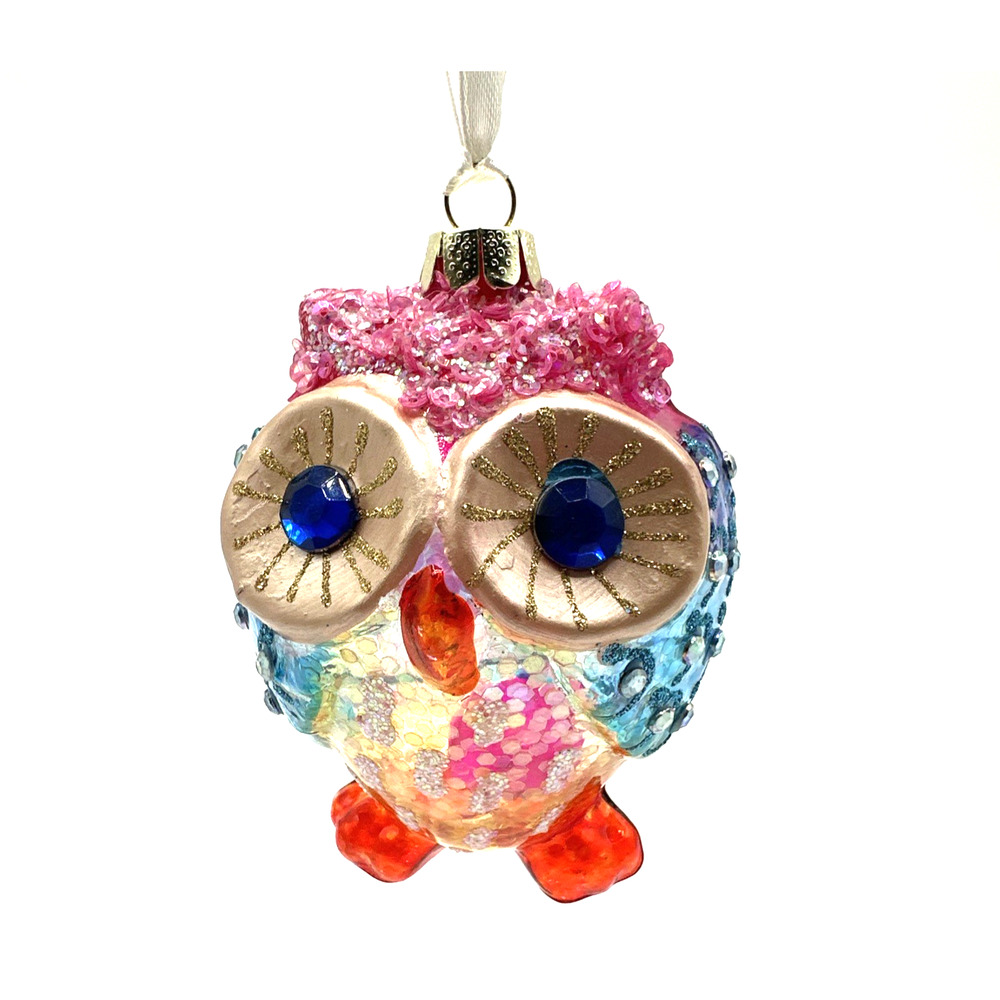 Blown Glass Owl Ornament Glitter Rainbow Christmas Pier 1 Ornament by Kurt Adler
